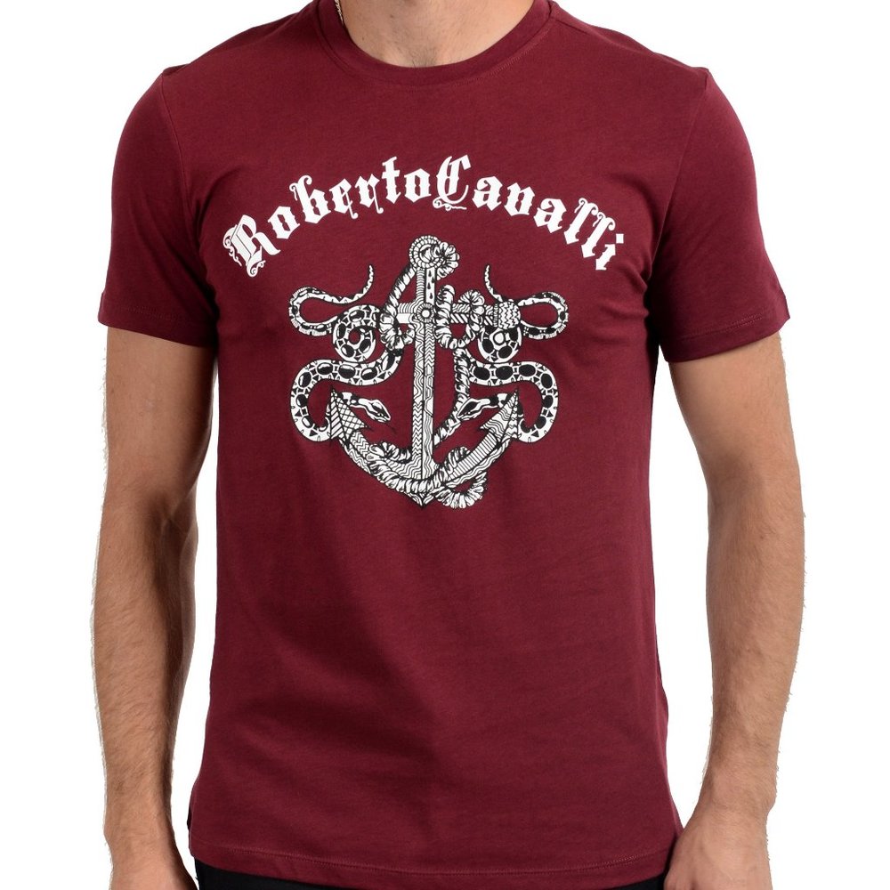 Roberto Cavalli Men's Burgundy Graphic T-Shirt